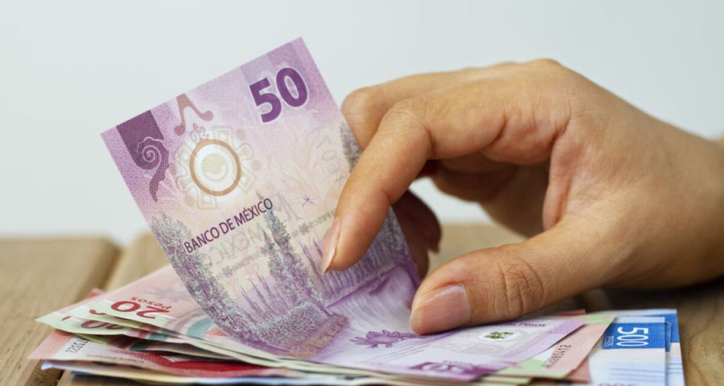 side view hand holding mexican money