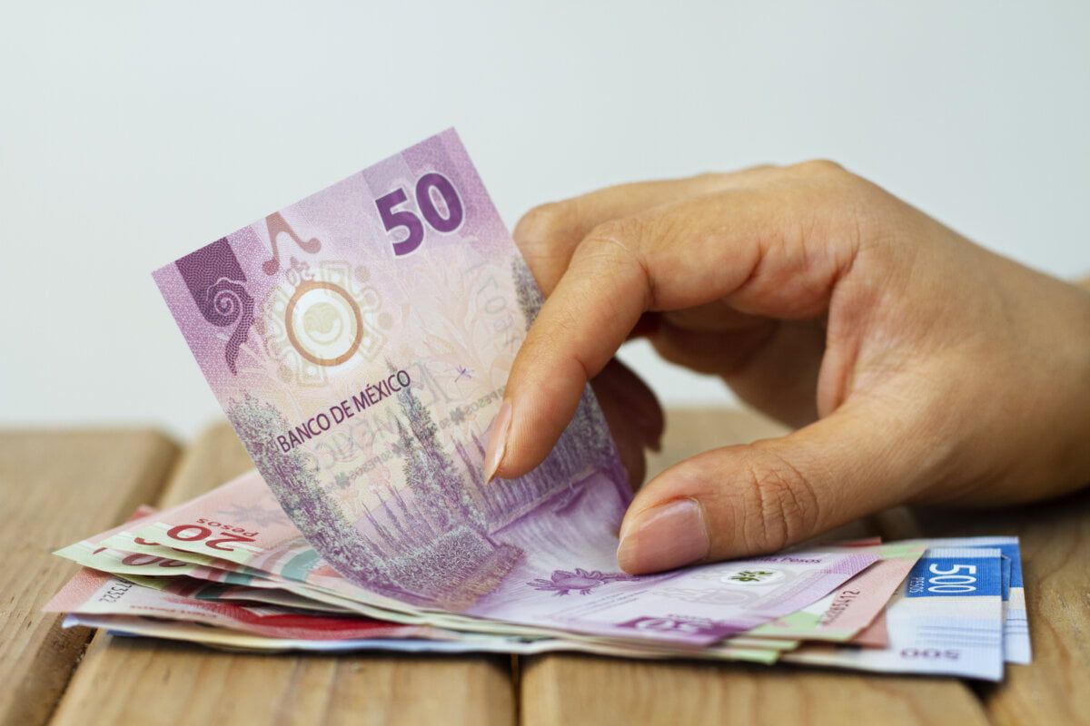 side view hand holding mexican money