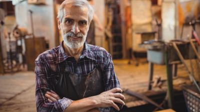 Portrait of glassblower standing with arms crossed at glassblowing factory