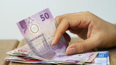 side view hand holding mexican money